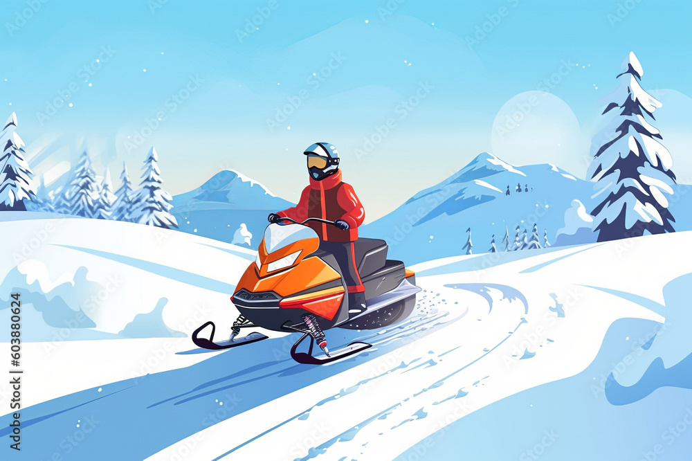Colorful Young Man Cartoon Riding Snowmobile. Generative Ai