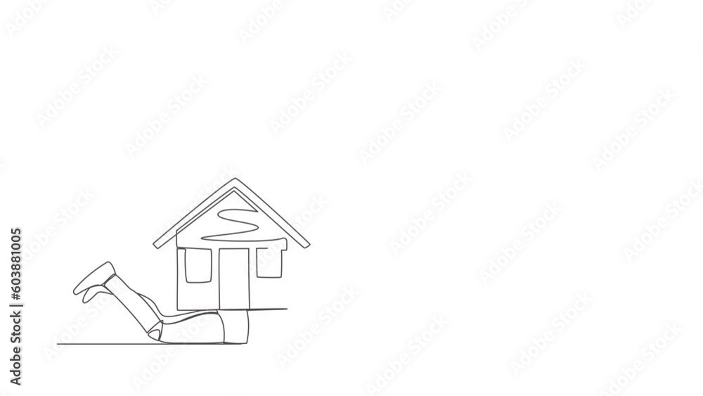 Animated self drawing of continuous line draw stressed robot under heavy house burden. Financial mortgage problem, taxes expenses. Humanoid robot cybernetic organism. Full length single line animation Animated self drawing of continuous line draw stressed robot under heavy house burden. Financial mortgage problem, taxes expenses. Humanoid robot cybernetic organism. Full length single line animation
