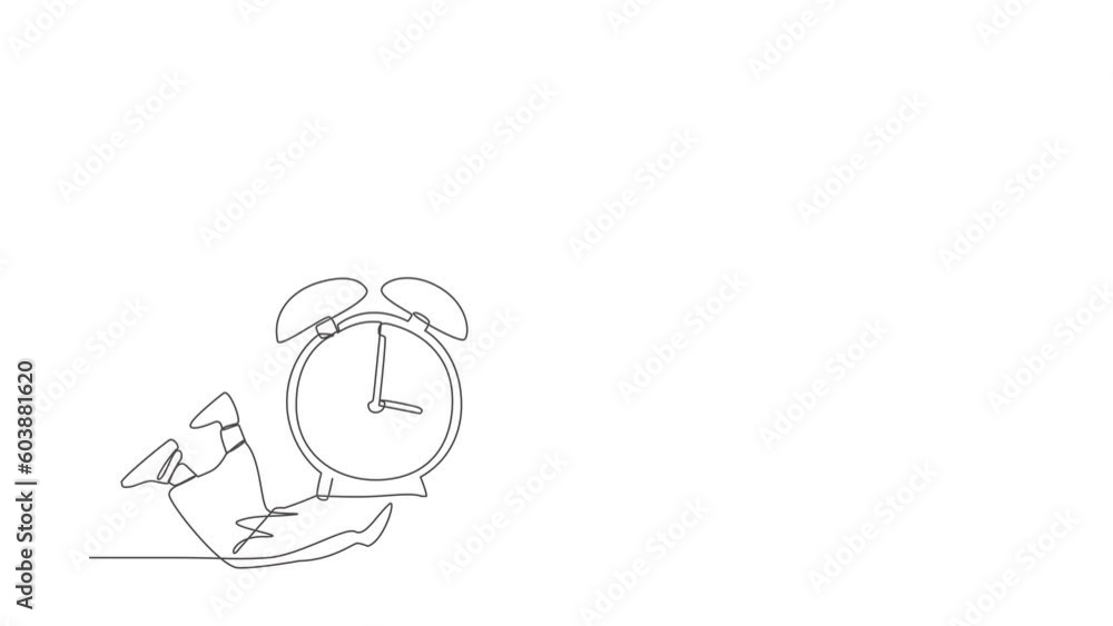 Animated self drawing of continuous line draw unhappy businesswoman under heavy alarm clock burden. Stressed employee with work pressure or business project target. Full length one line animation Animated self drawing of continuous line draw unhappy businesswoman under heavy alarm clock burden. Stressed employee with work pressure or business project target. Full length one line animation