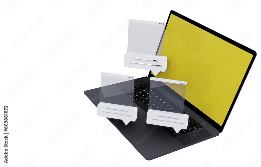 laptop with 3D cartoon animated illustration with chat and love window symbols laptop with 3D cartoon animated illustration with chat and love window symbols