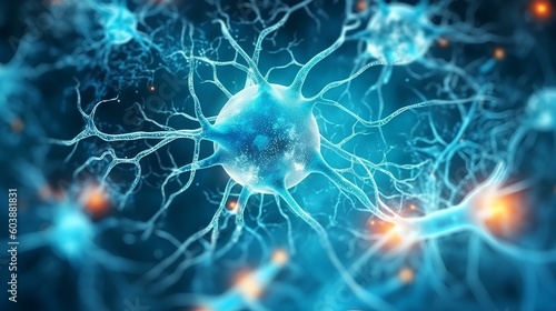 Nerve cell blue color banner, system neuron of brain with synapses. medicine biology background. generative AI photo