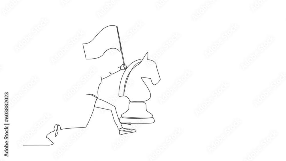 Animated self drawing of continuous line draw beautiful businesswoman running holding flag beside big horse chess piece. Celebrate business achievement, win competition. Full length one line animation Animated self drawing of continuous line draw beautiful businesswoman running holding flag beside big horse chess piece. Celebrate business achievement, win competition. Full length one line animation