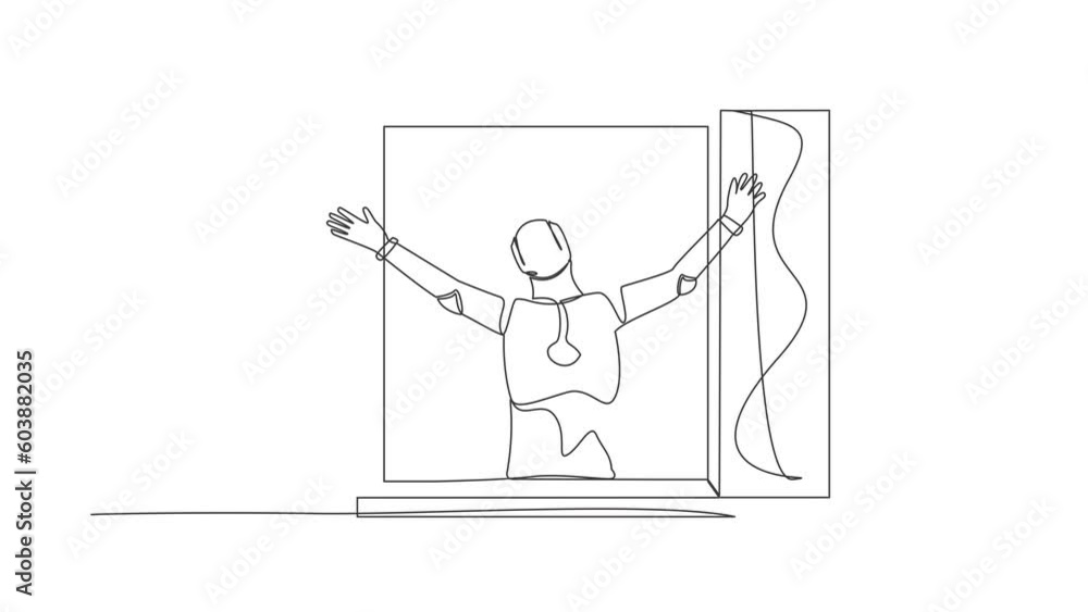 Self drawing animation of single line draw robot looking out of window ...