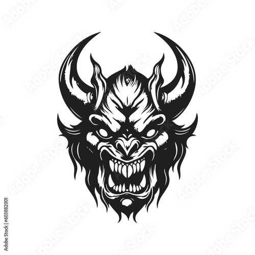 demon monster, vintage logo line art concept black and white color, hand drawn illustration
