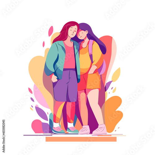 Hugging LGBT girls in rainbow background. Happy lesbian women together. Bisexual community design. Cartoon character flat vector