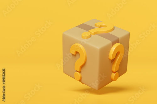 Φωτογραφία 3d goods cardboard box with orange question mark symbol icon isolated on yellow background