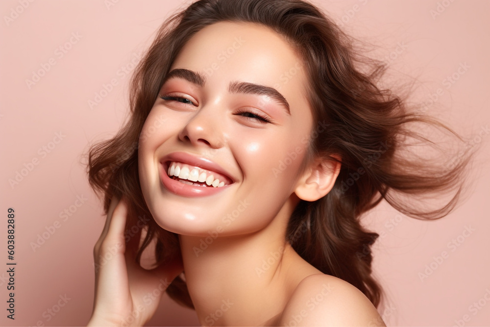 Beautiful smiling woman young model with natural makeup clean face beige warm background, Generative AI Beautiful smiling woman young model with natural makeup clean face beige warm background, Generative AI