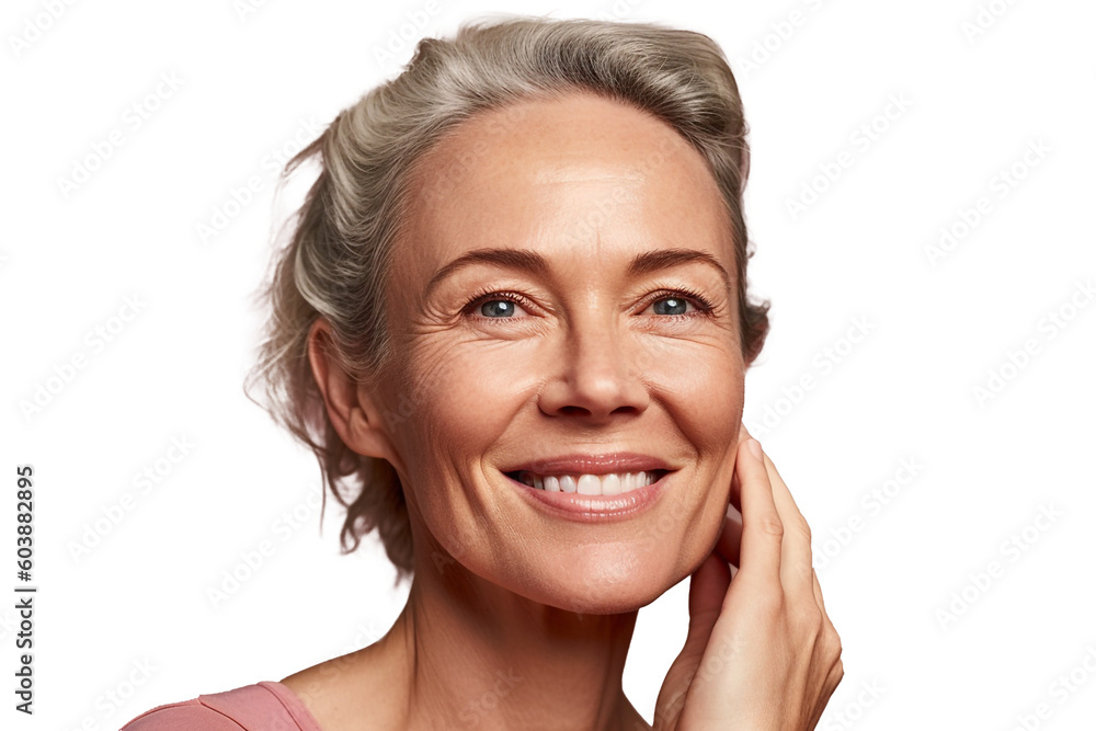 Beautiful smiling woman aged 50 model with natural makeup touching her clean with hands face beige warm background, isolated, png, Generative AI Beautiful smiling woman aged 50 model with natural makeup touching her clean with hands face beige warm background, isolated, png, Generative AI