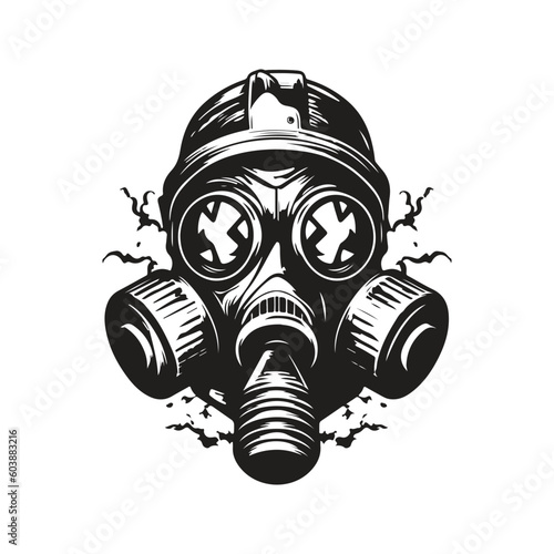 gas mask, vintage logo line art concept black and white color, hand drawn illustration