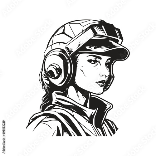 futuristic soldier girl, vintage logo line art concept black and white color, hand drawn illustration