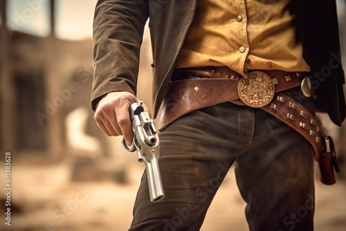 Cowboy prepares on gun fight, duel face to face in the wild west between two cowboys, Generative AI