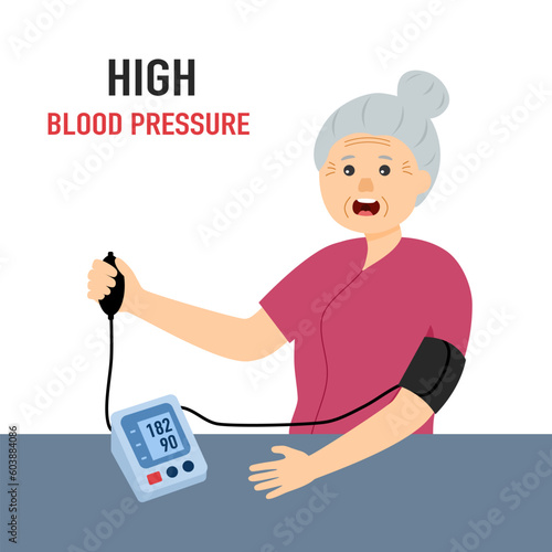 Senior woman with high blood pressure in flat design on white background.