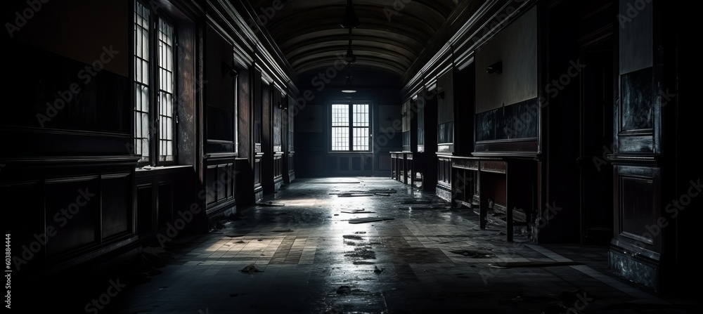 Melancholic creepy school hallway background. Generative AI technology. Melancholic creepy school hallway background. Generative AI technology.