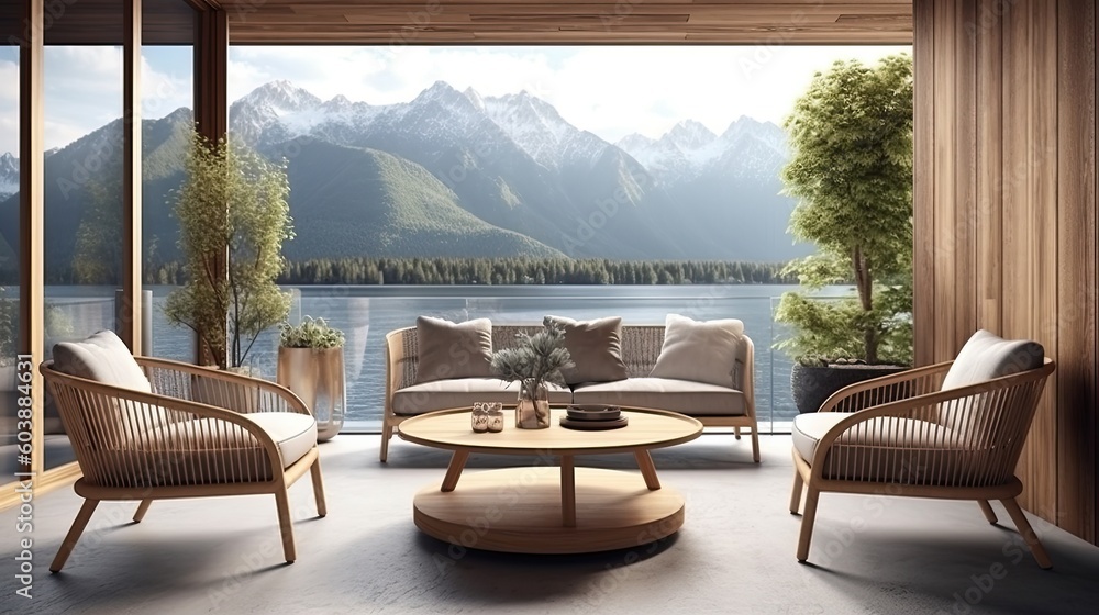 Fototapeta premium modern and comfortable home outdoor relaxation area or restaurant seating area with terrace 