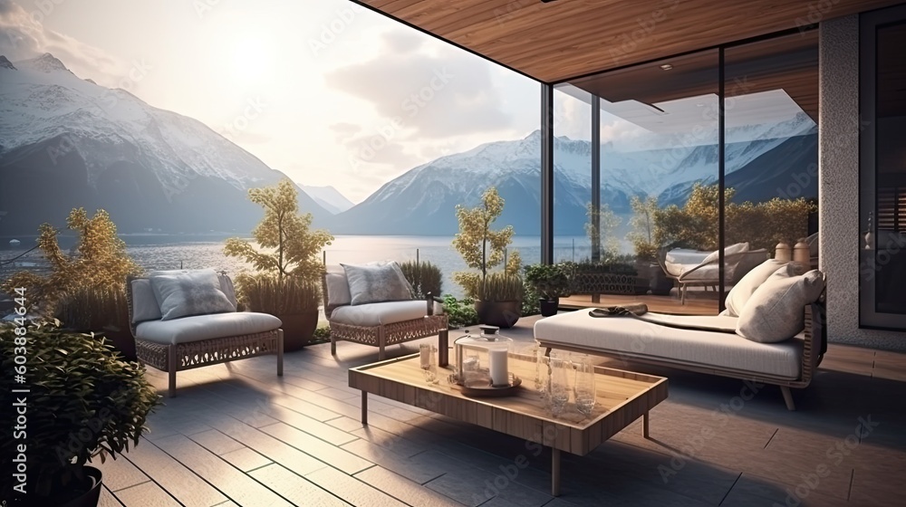 Fototapeta premium modern and comfortable home outdoor relaxation area or restaurant seating area with terrace