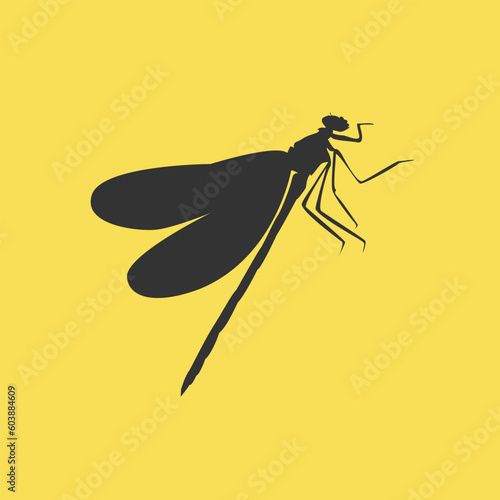 Flat dragonfly silhouette  illustration on a yellow background