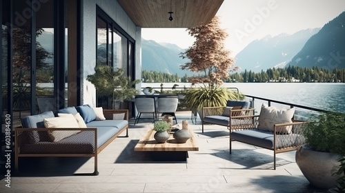modern and comfortable home outdoor relaxation area or restaurant seating area with terrace 
