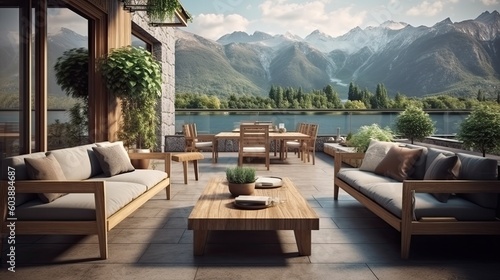 modern and comfortable home outdoor relaxation area or restaurant seating area with terrace	