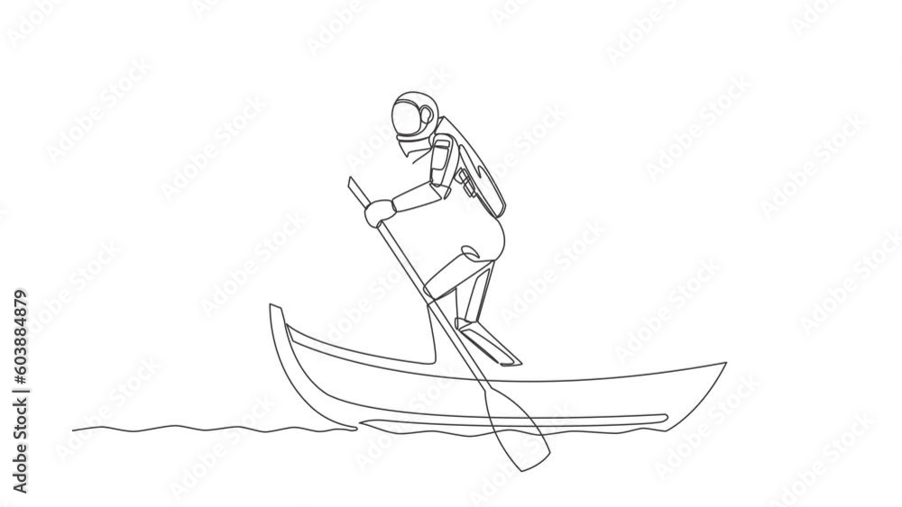 Animated self drawing of continuous line draw astronaut sailing away on boat with bomb. Termination of space mission due to explosion world crisis. Cosmonaut deep space. Full length one line animation Animated self drawing of continuous line draw astronaut sailing away on boat with bomb. Termination of space mission due to explosion world crisis. Cosmonaut deep space. Full length one line animation