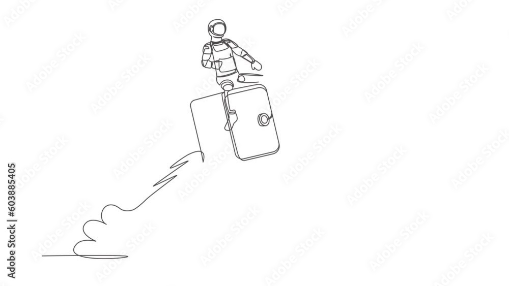 Animated self drawing of continuous line draw astronaut riding safe deposit box rocket flying in moon surface. Money protection at space company. Cosmonaut deep space. Full length one line animation