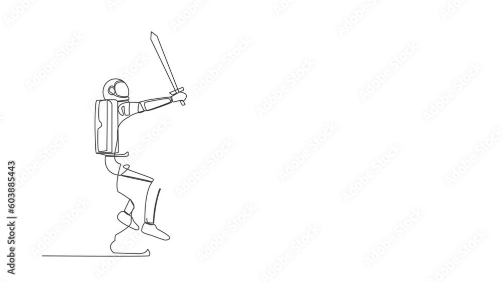 Animated self drawing of continuous line draw young astronaut riding big chess horse piece with sword. Spaceman battle in the intergalactic war. Cosmonaut deep space. Full length one line animation Animated self drawing of continuous line draw young astronaut riding big chess horse piece with sword. Spaceman battle in the intergalactic war. Cosmonaut deep space. Full length one line animation