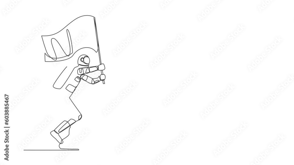 Self drawing animation of single line draw astronaut riding big chess horse knight piece and holding flag. Battle in space business. Cosmic galaxy space concept. Continuous line. Full length animated