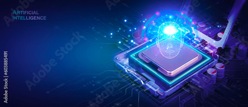 Bilde på lerret AI artificial intelligence concept, Close up of microprocessor on computer motherboard with electronic circuit interface in dark background,copy space,Futuristic innovative technologies