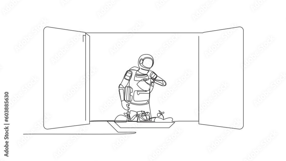 Animated self drawing of continuous line draw astronaut watering flowers on the balcony in moon surface. Home green garden, house plants growing. Cosmonaut deep space. Full length one line animation Animated self drawing of continuous line draw astronaut watering flowers on the balcony in moon surface. Home green garden, house plants growing. Cosmonaut deep space. Full length one line animation