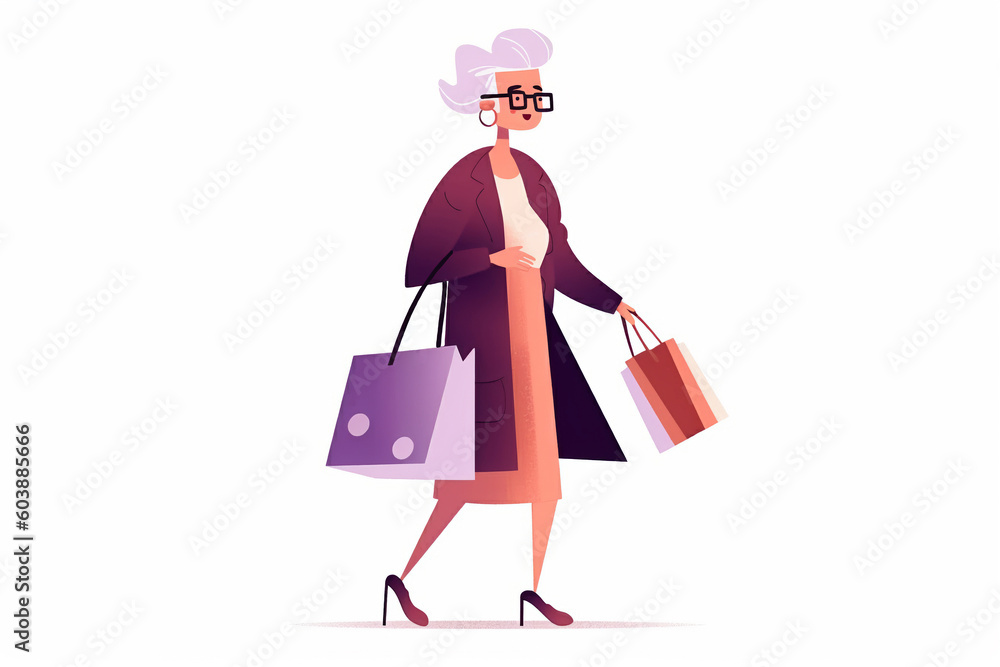 Generative AI. Happy senior aged female going and carrying festive presents in hands. Grandma at Seasonal Sale or Discount in Fashion Outlet. Aged Shopaholic with Purchases in Paper Bags
