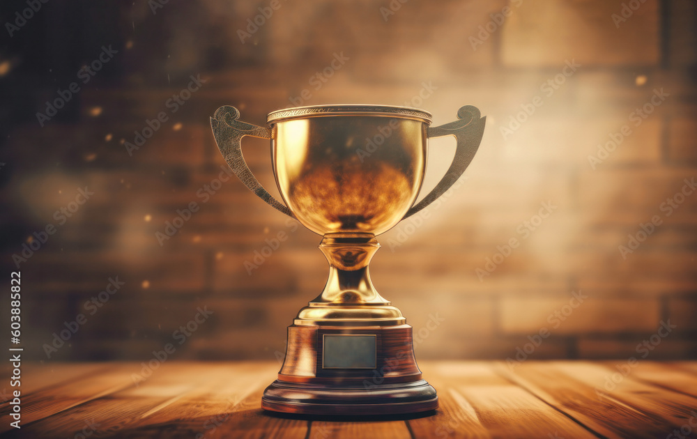 Golden trophy on pile of books, with sun rays over trophy; learning/achievement concept. Generative AI. Golden trophy on pile of books, with sun rays over trophy; learning/achievement concept. Generative AI.