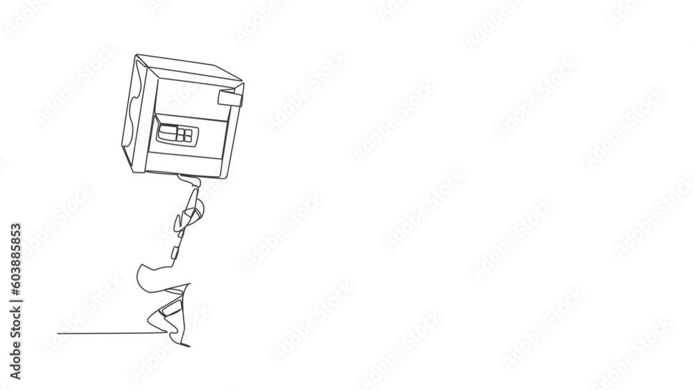 Self drawing animation of single line draw astronaut carrying safe deposit box on his back. Impact in pandemic crisis at space industry. Cosmic galaxy space. Continuous line draw. Full length animated