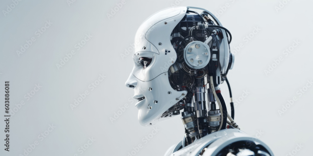 Robot cyborg on a white background, copy space. Female robot face in profile. Artificial intelligence concept. Generative ai illustration Robot cyborg on a white background, copy space. Female robot face in profile. Artificial intelligence concept. Generative ai illustration
