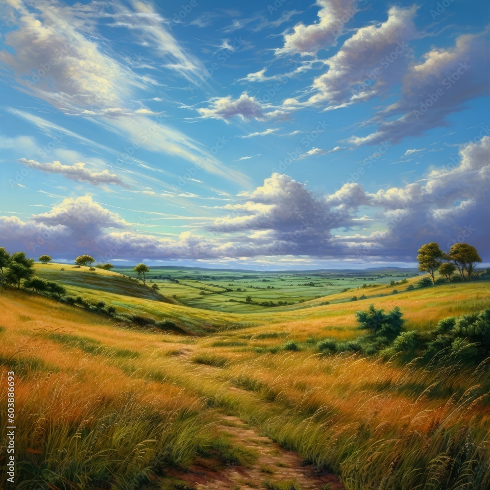 Fototapeta premium Grass, rolling hills, clouds, valley, peaceful, field