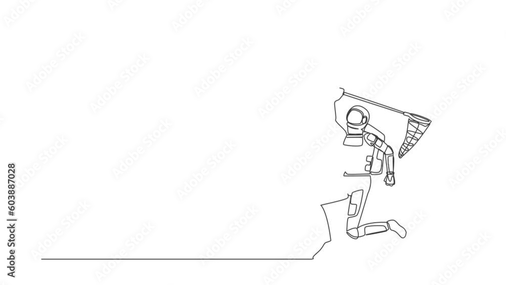 Animated self drawing of continuous line draw astronaut try to catching flying heart with butterfly net. Love relationship with space expedition. Cosmonaut deep space. Full length one line animation Animated self drawing of continuous line draw astronaut try to catching flying heart with butterfly net. Love relationship with space expedition. Cosmonaut deep space. Full length one line animation