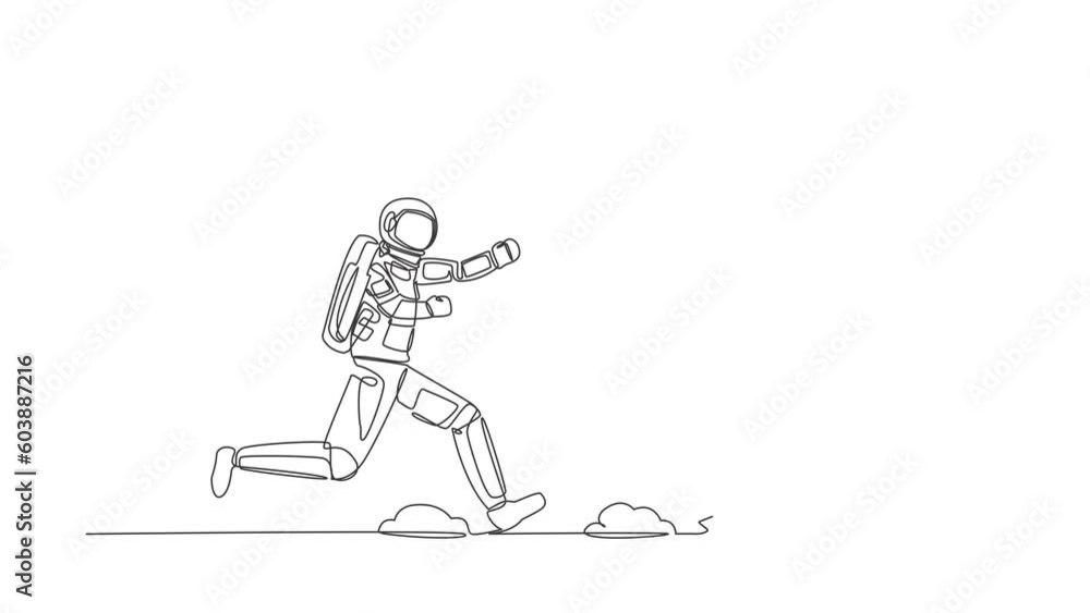 Self drawing animation of single line draw of astronaut run chasing textbook for learning in moon surface. Science to explore space. Cosmic galaxy space concept. Continuous line. Full length animated Self drawing animation of single line draw of astronaut run chasing textbook for learning in moon surface. Science to explore space. Cosmic galaxy space concept. Continuous line. Full length animated