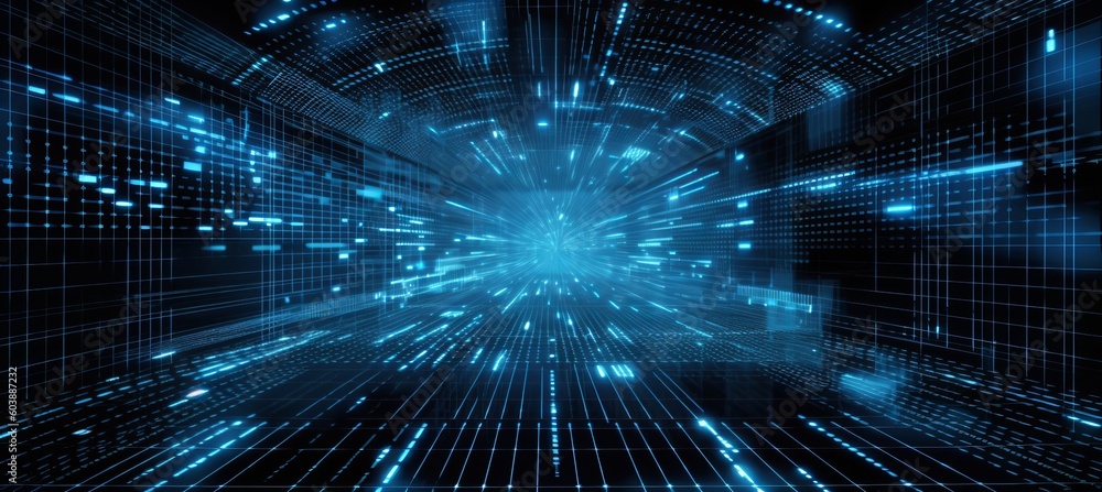 Futuristic network virtual space technology background. Blue light burst motion effect. Generative AI technology. Futuristic network virtual space technology background. Blue light burst motion effect. Generative AI technology.