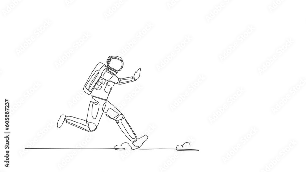 Animated self drawing of continuous line draw astronaut run chasing clipboard in moon surface. Spaceship launch preparation checklist document. Cosmonaut outer space. Full length single line animation Animated self drawing of continuous line draw astronaut run chasing clipboard in moon surface. Spaceship launch preparation checklist document. Cosmonaut outer space. Full length single line animation