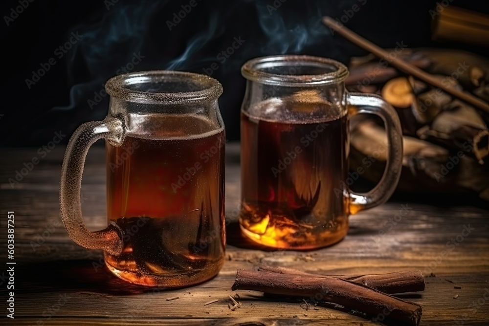 two steaming cups of tea on a rustic wooden table Generative AI