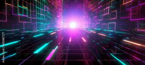 Futuristic glow cyber virtual space technology background. Neon light burst motion effect. Generative AI technology.