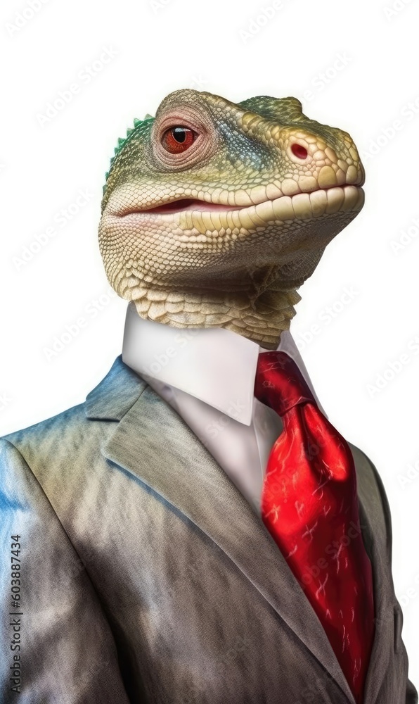 Lizard dressed in a suit like a businessman, isolated on white (generative AI) Lizard dressed in a suit like a businessman, isolated on white (generative AI)