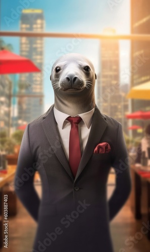 Seal dressed in a suit like a businessman (generative AI)