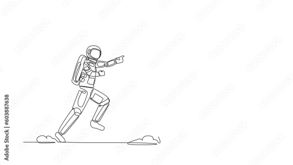 Animated self drawing of continuous line draw young astronaut run chase clock time in moon surface. Time management in space exploration. Cosmonaut deep space concept. Full length one line animation Animated self drawing of continuous line draw young astronaut run chase clock time in moon surface. Time management in space exploration. Cosmonaut deep space concept. Full length one line animation