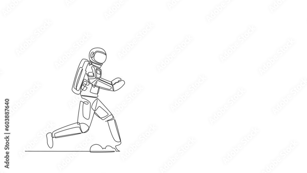 Animated self drawing of continuous line draw astronaut run chasing light bulb in moon surface. Innovation in discovery of new planets. Cosmonaut outer space concept. Full length single line animation Animated self drawing of continuous line draw astronaut run chasing light bulb in moon surface. Innovation in discovery of new planets. Cosmonaut outer space concept. Full length single line animation