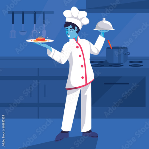 Woman Chef illustration cooking in kitchen