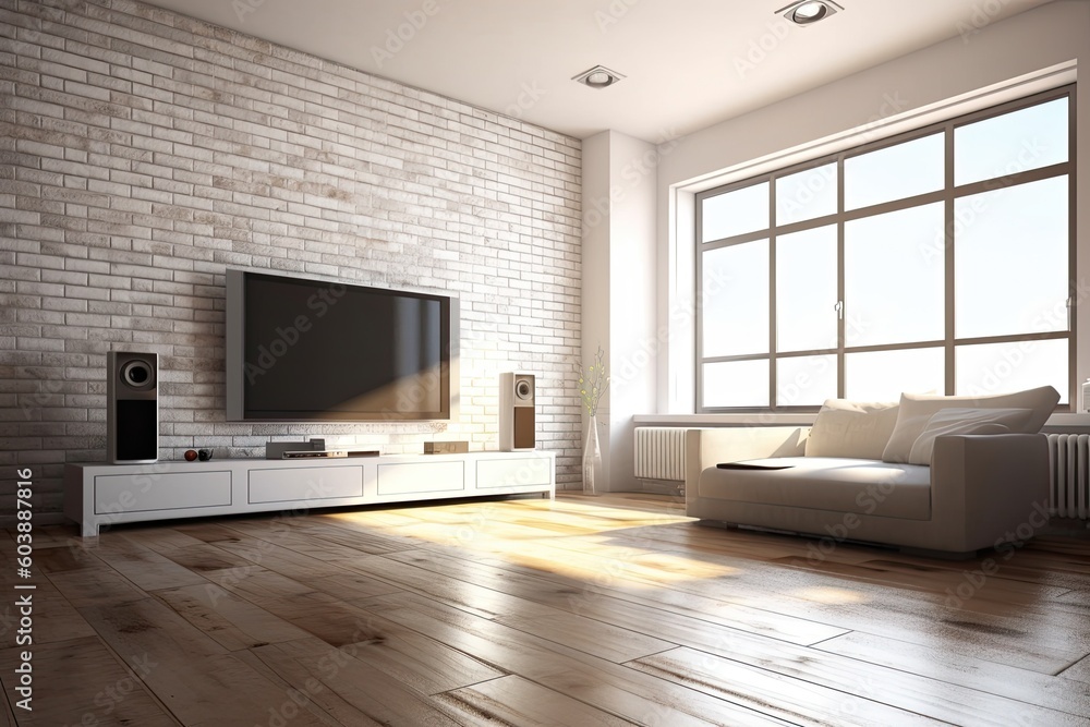 Obraz premium modern living room with a white sofa and a large flat screen television Generative AI
