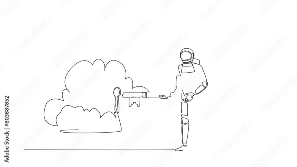 Self drawing animation of single one line draw astronaut putting key ...