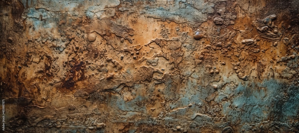 Metal corrosion texture background. Rusty brown blue scratch crack surface. Generative AI technology.