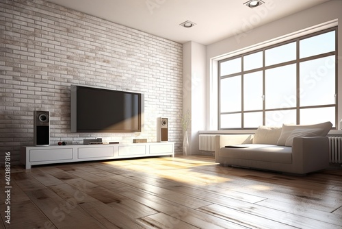 modern living room with a white sofa and a large flat screen television Generative AI