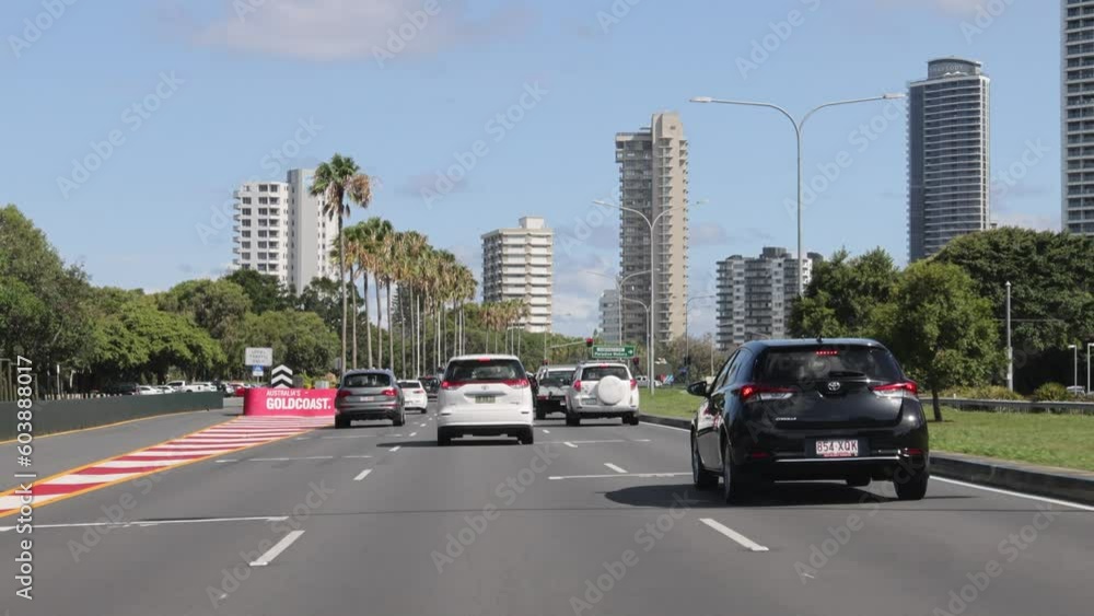 Gold Coast, Queensland, Australia - January 10, 2023. Exploring the City Landscape of Gold Coast by Car. Gold Coast, Queensland, Australia - January 10, 2023. Exploring the City Landscape of Gold Coast by Car.
