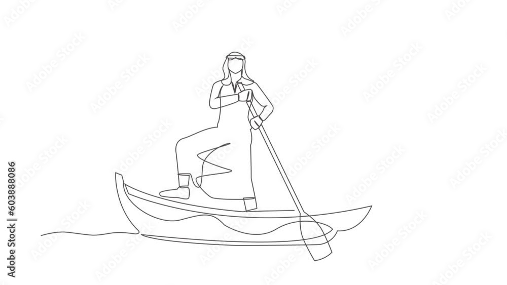 Animated self drawing of continuous line draw Arab businessman sailing away on boat with pile of books. Intellectual progress by getting used to reading book. Education. Full length one line animation Animated self drawing of continuous line draw Arab businessman sailing away on boat with pile of books. Intellectual progress by getting used to reading book. Education. Full length one line animation
